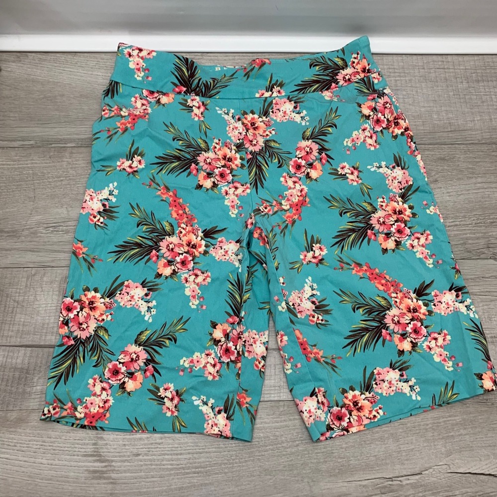 Counterparts Teal Floral Bermuda Shorts Tropical Pull On Stretch Size 10